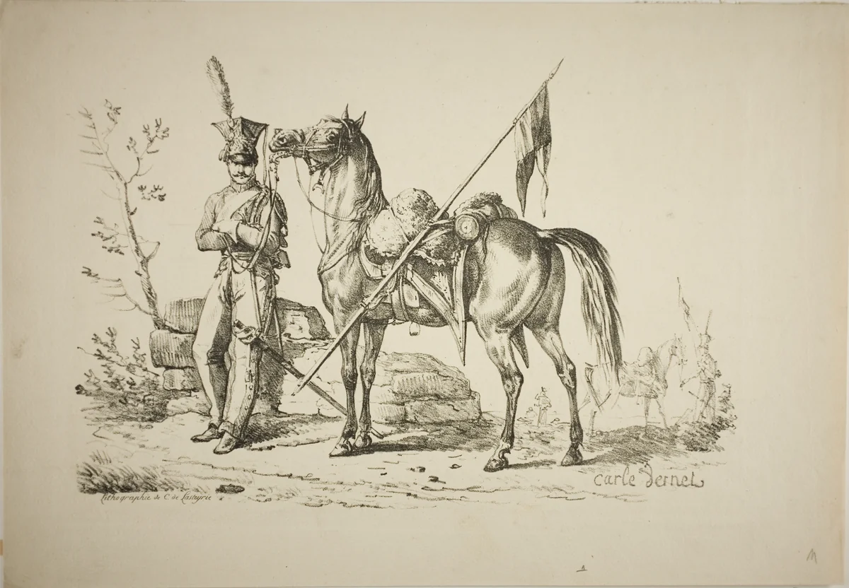 Lancer on Foot Walking Next to his Horse by Carle Vernet, print, 1817