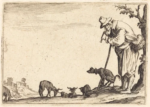 Shepherd Playing Flute by Jacques Callot, print, 1622