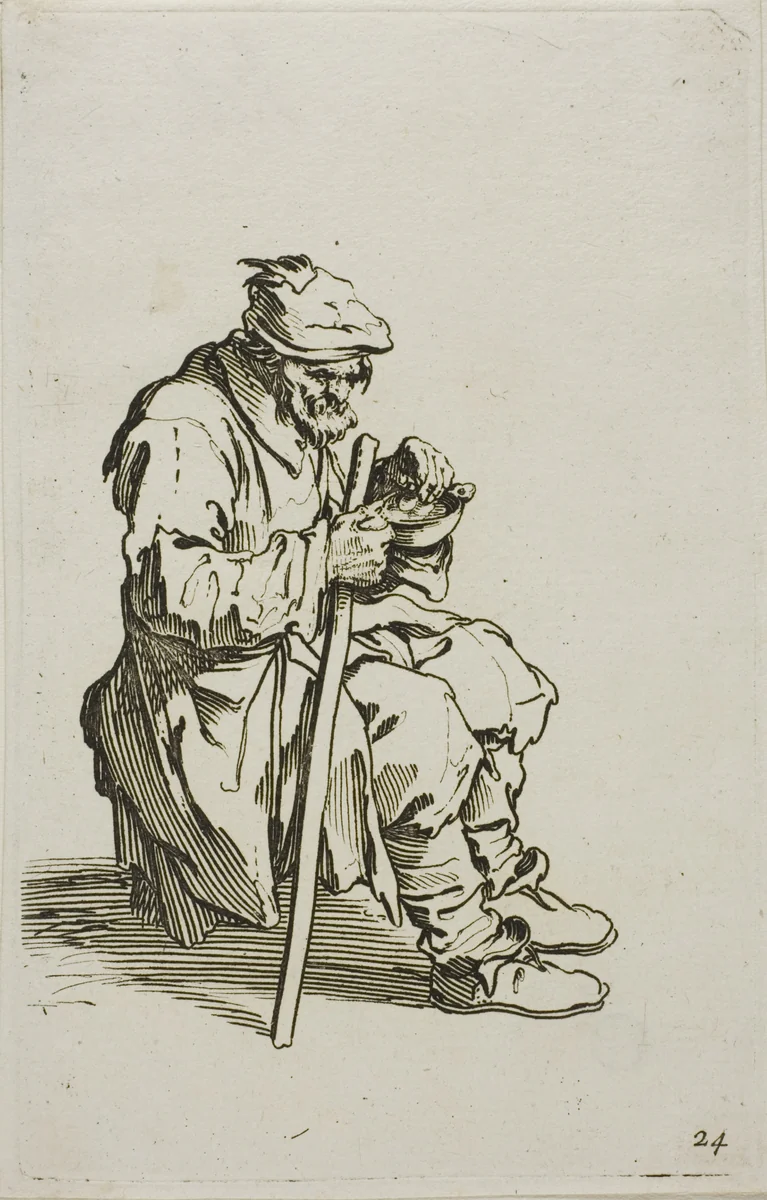Seated Beggar Eating, plate 24 from The Beggars by Jacques Callot, print, 1617-1627