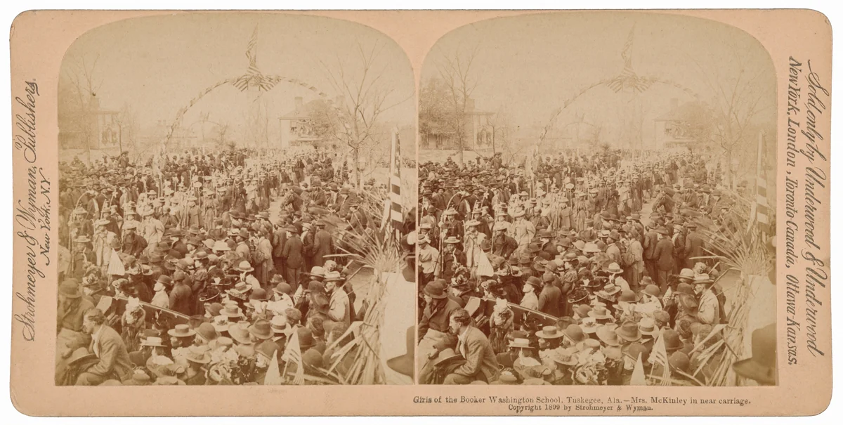 "Girls of Booker T. Washington School, Tuskegee, Alabama, Mrs. McKinley in near carriage" by Underwood & Underwood; Strohmeyer & Wyman, photograph, 1899