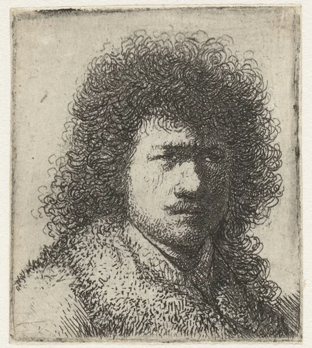 Self-portrait with bushy hair: bust by Rembrandt van Rijn, print, 1631