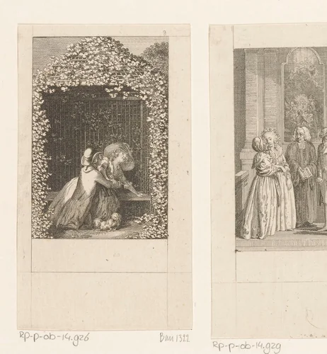 Cecilia en Fidel worden verrast door de komst van Mortimer by Daniel Nikolaus Chodowiecki, print, 1787