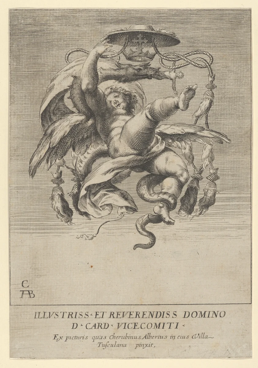 Winged putto holding a cardinal's hat over a dragon head by Cherubino Alberti, print, 1620-1700