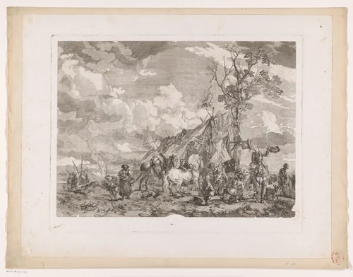 Soldaten en overige figuren voor een legertent maken zich klaar voor vertrek by Jean Moyreau, print, 1754