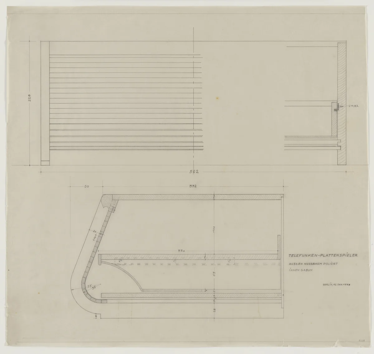 Design for Telefunken Record Player, Elevations and two sections by Lilly Reich, mies van der rohe archive, 1938