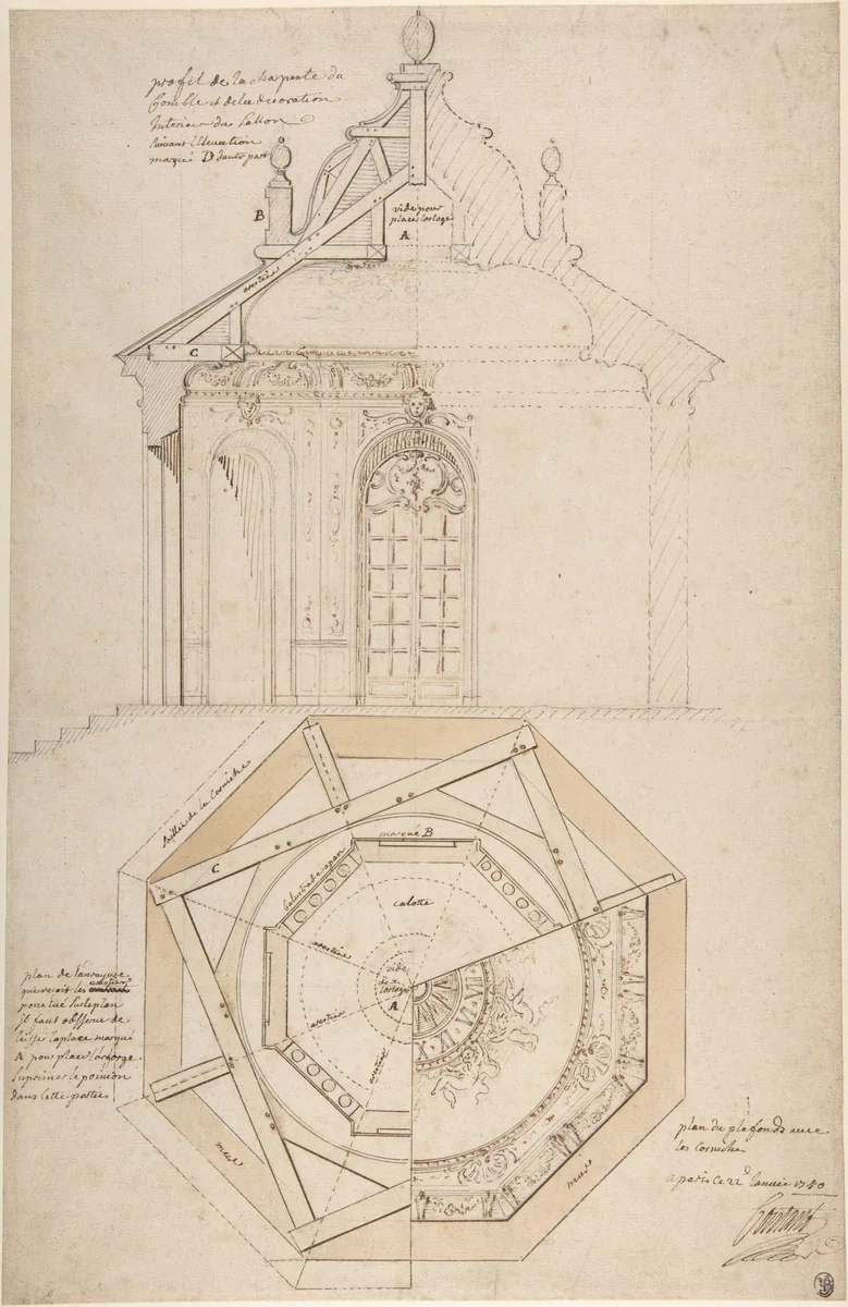 Plan of the Roof and Section of a Pavilion in the Gardens of the Château de Saint-Cloud (recto); Study for the Exterior with Partial Plan of the Pavilion (verso) by Pierre Contant d'Ivry, drawing, 1750