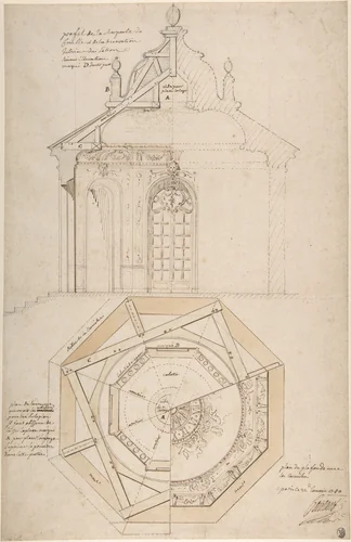 Plan of the Roof and Section of a Pavilion in the Gardens of the Château de Saint-Cloud (recto); Study for the Exterior with Partial Plan of the Pavilion (verso) by Pierre Contant d'Ivry, drawing, 1750