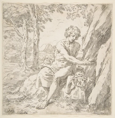 Saint John the Baptist in the desert by Simone Cantarini, print, 1632-1644