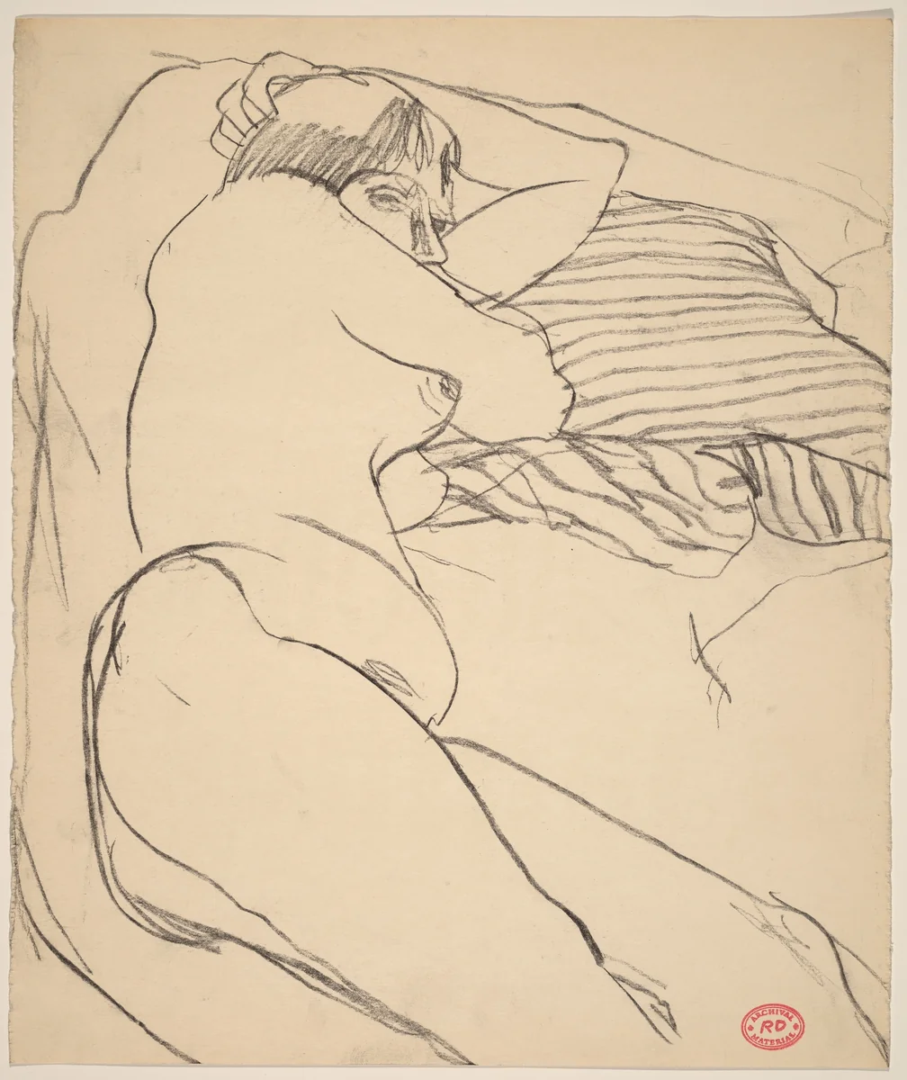 Untitled [reclining female nude with a striped pillow] by Richard Diebenkorn, drawing, 1955-1967