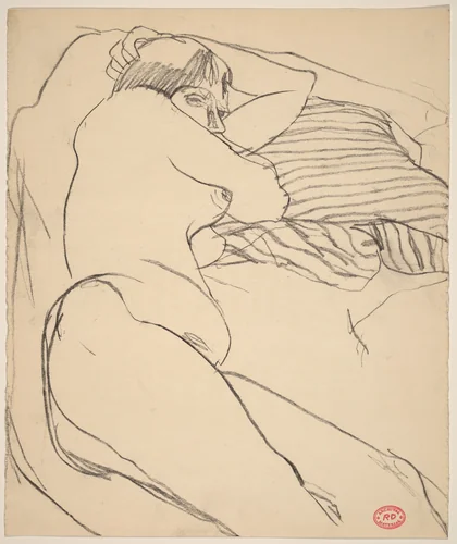 Untitled [reclining female nude with a striped pillow] by Richard Diebenkorn, drawing, 1955-1967