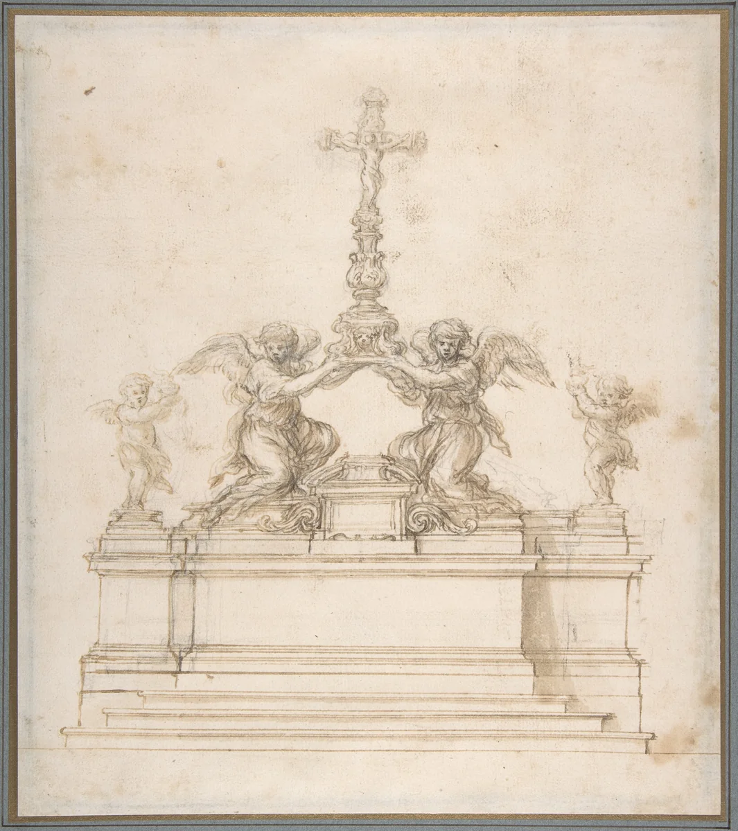 Design for an Altar with Kneeling Angels Supporting a Crucifix by Ciro Ferri, drawing, 1634-1689