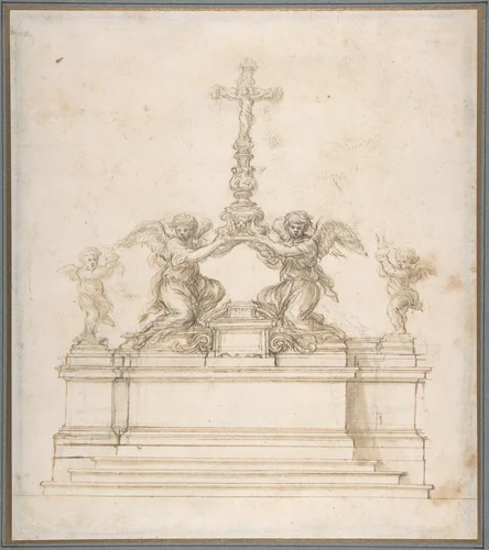 Design for an Altar with Kneeling Angels Supporting a Crucifix by Ciro Ferri, drawing, 1634-1689