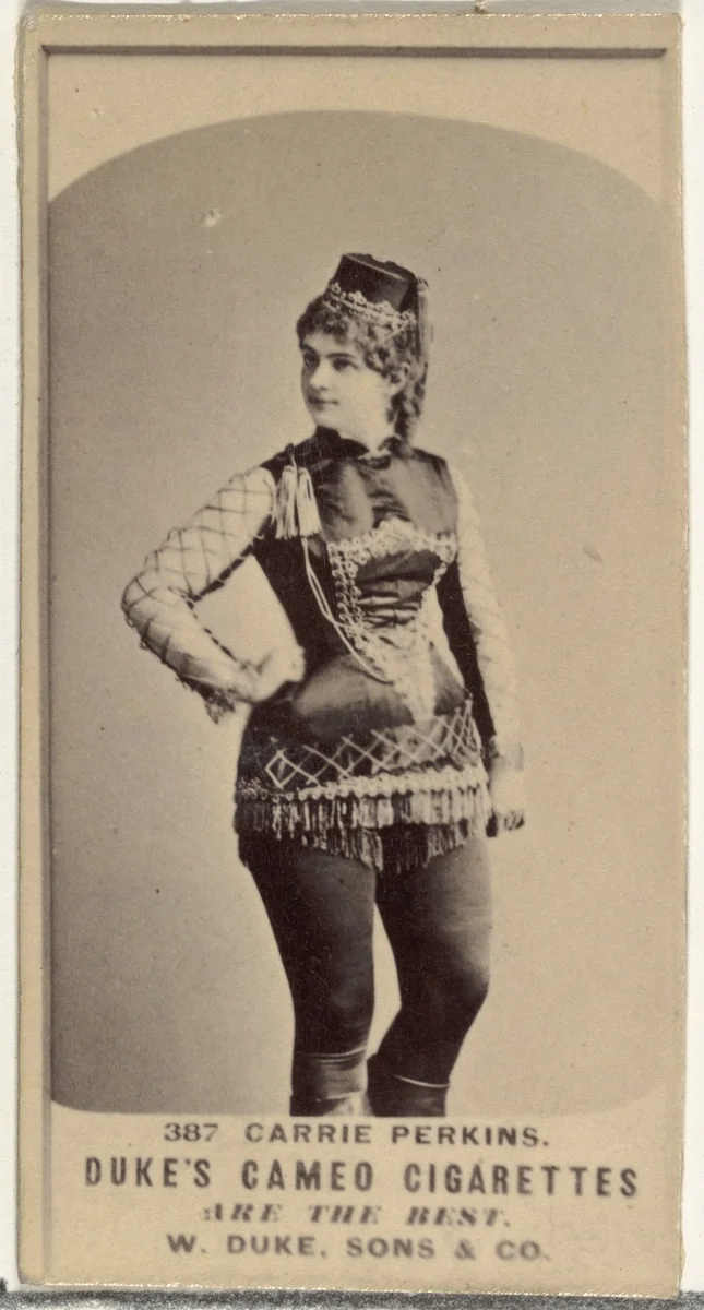 Card Number 387, Carrie Perkins, from the Actors and Actresses series (N145-5) issued by Duke Sons & Co. to promote Cameo Cigarettes by W. Duke, Sons & Co., photograph, 1880-1889