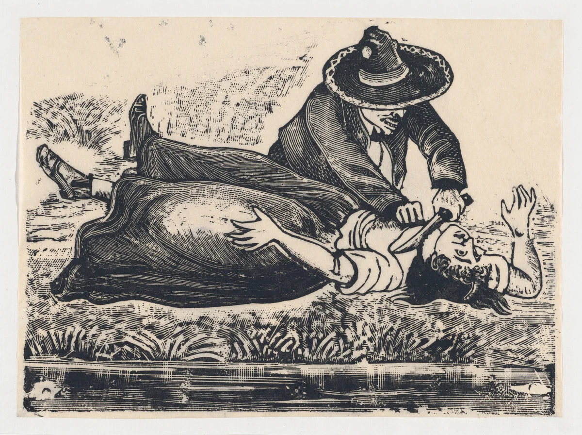 Francisco Guerrero, the waistcoat maker and cut throat, murdering a woman by José Guadalupe Posada, print, 1887-1897
