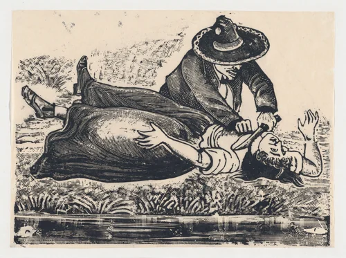 Francisco Guerrero, the waistcoat maker and cut throat, murdering a woman by José Guadalupe Posada, print, 1887-1897