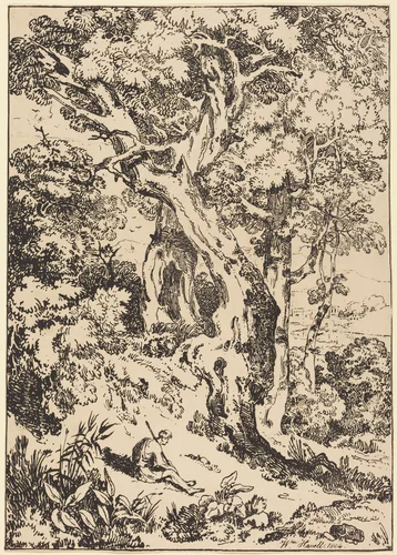 Study of Trees and Shrubs with Seated Figure by William Havell, print, 1804