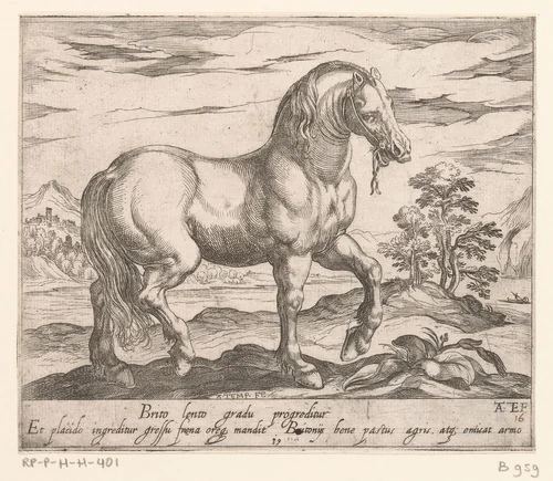 Staand paard naar rechts gewend by Unknown, print, 1590
