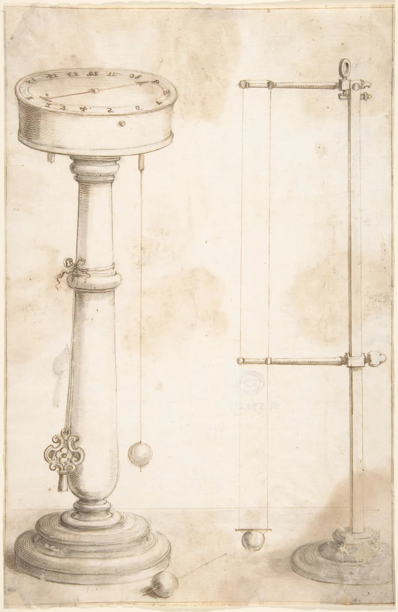 Designs for a clock, Illustrations for "Saggi di naturali esperienze" by Giuseppe Cocchini, drawing, 1666