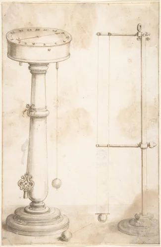 Designs for a clock, Illustrations for "Saggi di naturali esperienze" by Giuseppe Cocchini, drawing, 1666