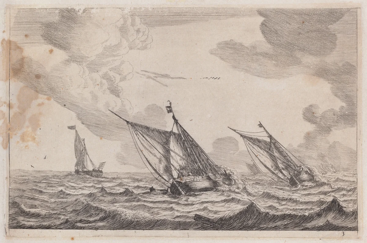 Three Sailing Vessels at Choppy Sea by Reinier Nooms, print, 1651-1661
