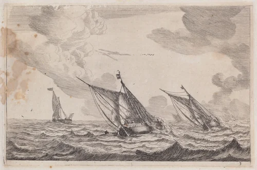 Three Sailing Vessels at Choppy Sea by Reinier Nooms, print, 1651-1661