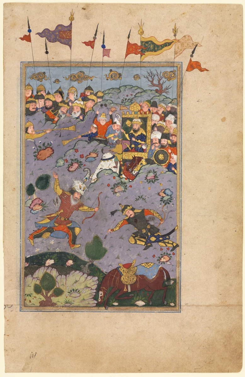 Rustam meets the challenge of Ashkabus, from a Shah-nama (Book of Kings) of Firdausi (Persian, about 934–1020) by Unknown, manuscript, 1590-1600