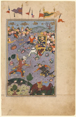 Rustam meets the challenge of Ashkabus, from a Shah-nama (Book of Kings) of Firdausi (Persian, about 934–1020) by Unknown, manuscript, 1590-1600