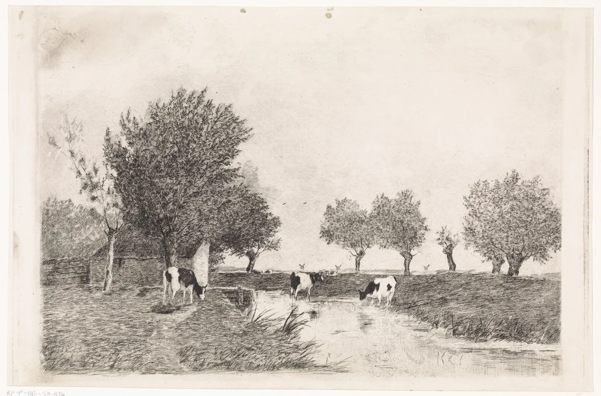 Landschap met drie koeien bij een sloot by Elias Stark, print, 1859-1890