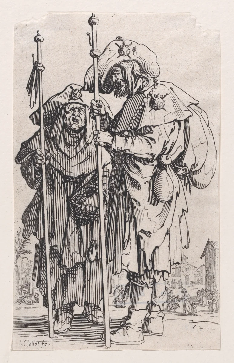 Les Deux Pélerins (The Two Pilgrims), from "Les Gueux suite appelée aussi Les Mendiants, Les Baroni, ou Les Barons" (The Beggars, also called the Barons) by Jacques Callot, print, 1618-1628