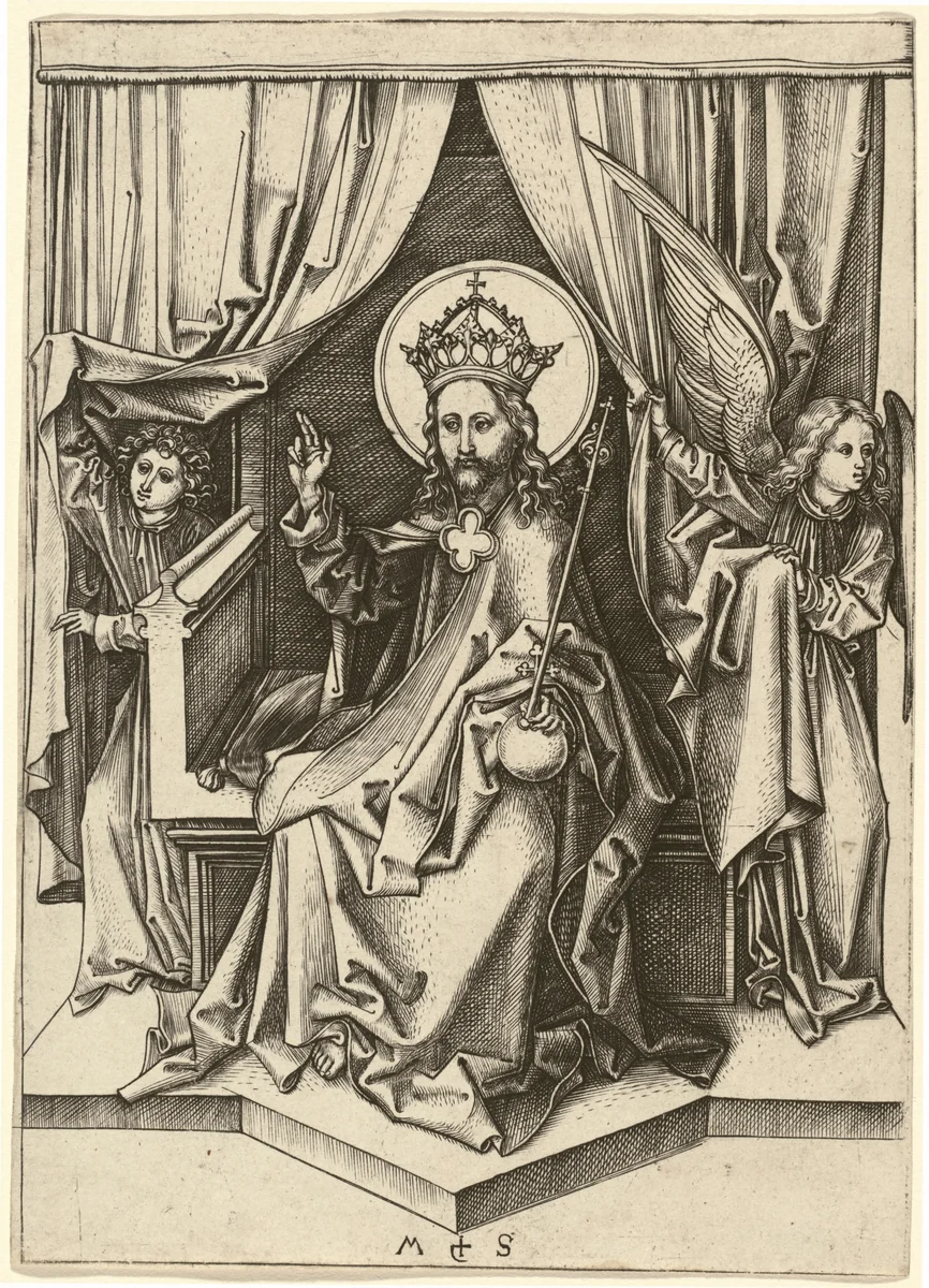 Christ Enthroned, with Two Angels by Martin Schongauer, print, 1450-1491