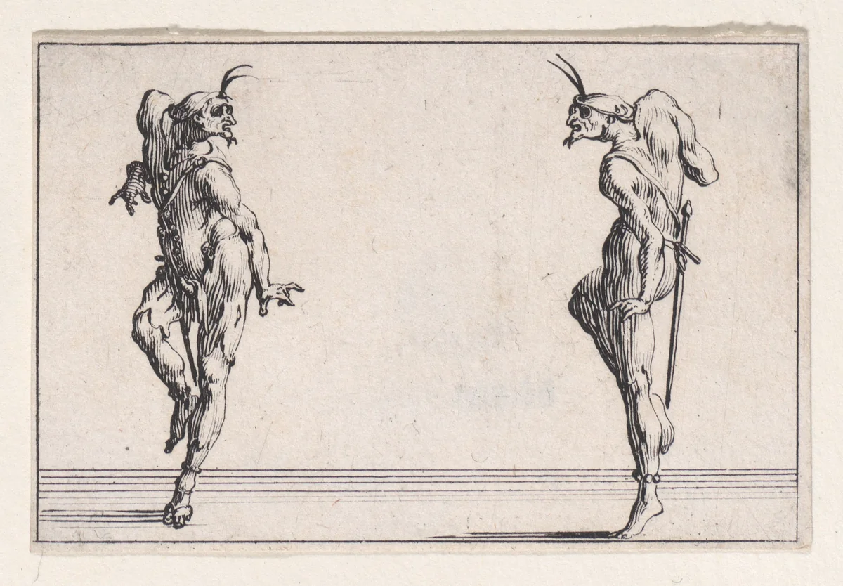Les Deux Pantalons se Regardant (Men in Pantsuits Looking at Each Other), from Les Caprices Series A, The Florence Set by Jacques Callot, print, 1617