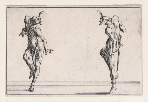 Les Deux Pantalons se Regardant (Men in Pantsuits Looking at Each Other), from Les Caprices Series A, The Florence Set by Jacques Callot, print, 1617