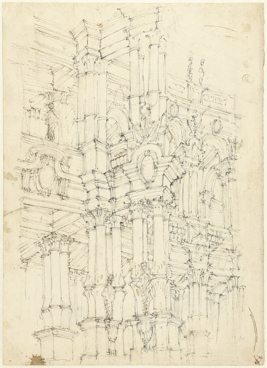 Gedeelte van een rijk gedecoreerd interieur met colonnades by Giuseppe Galli Bibiena, drawing, 1706-1756