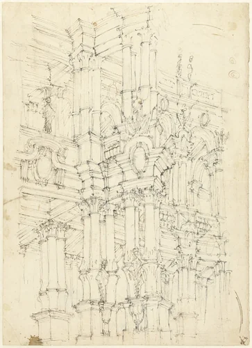 Gedeelte van een rijk gedecoreerd interieur met colonnades by Giuseppe Galli Bibiena, drawing, 1706-1756