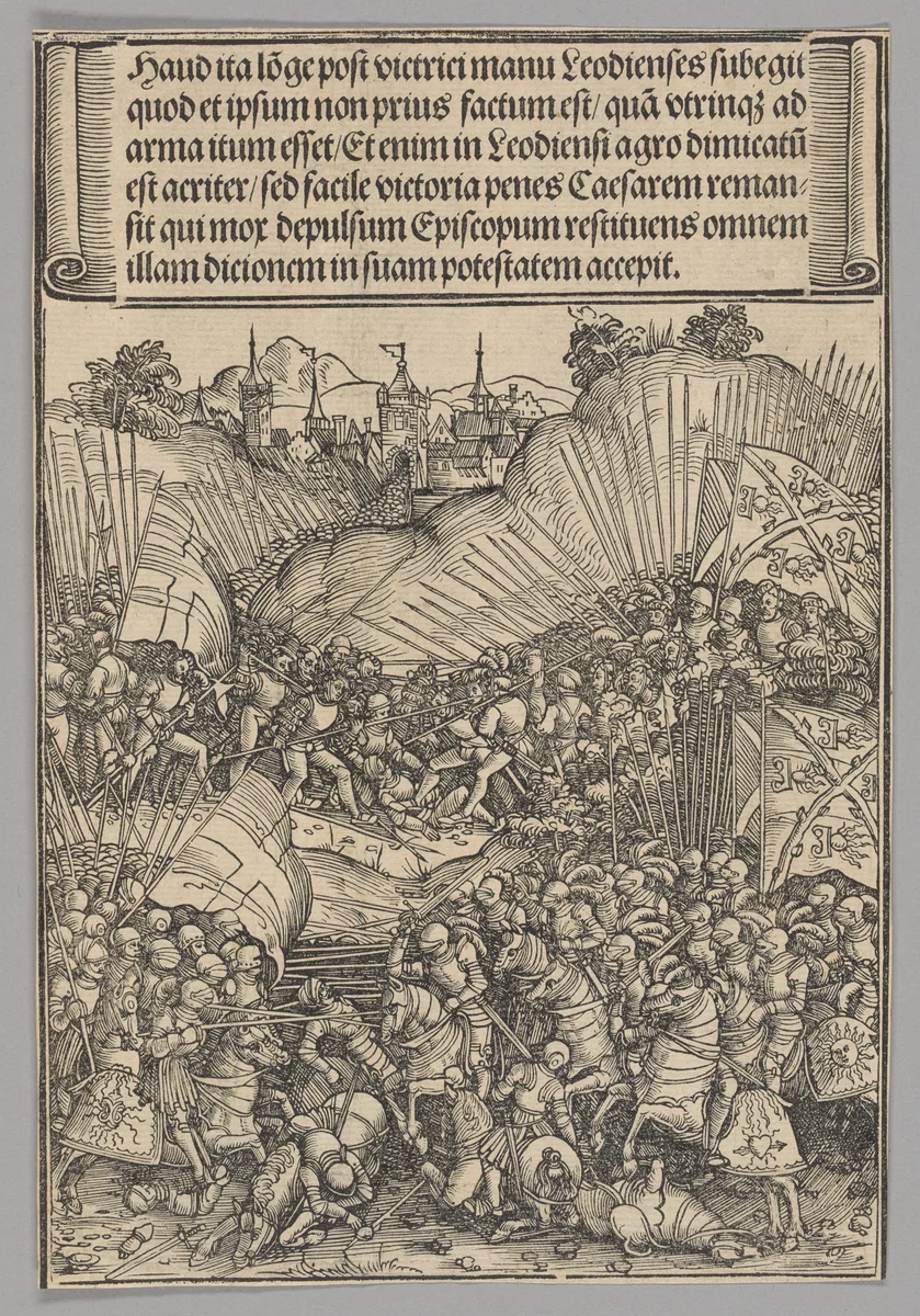 Battle for Liège, plate 8 from Historical Scenes from the Life of Emperor Maximilian I from the Triumphal Arch by Wolf Traut, print, 1515-1517