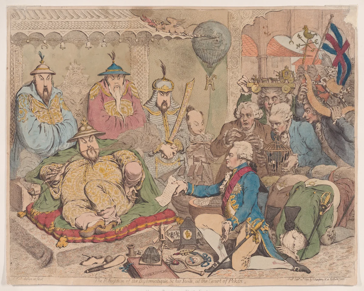 The Reception of the Diplomatique and his Suite at the Court of Pekin by James Gillray, print, 1792