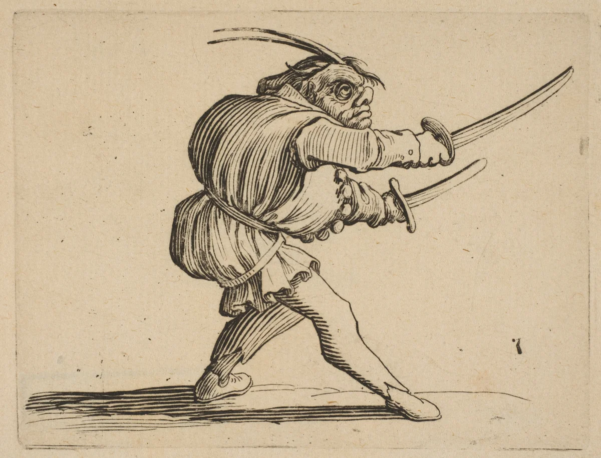 The Duelliste aux Deux Sabres (The Duelist with Two Sabres), from "Varie Figure Gobbi, suite appelée aussi Les Bossus, Les Pygmées, Les Nains Grotesques" (Various Hunchbacked Figures, The Hunchbacks, The Pygmes, The Grotesque Dwarfs) by Jacques Callot, print, 1616-1622