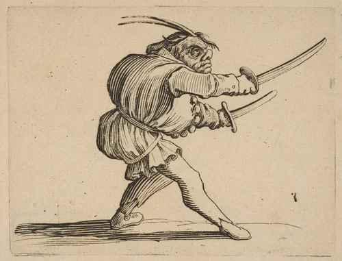 The Duelliste aux Deux Sabres (The Duelist with Two Sabres), from "Varie Figure Gobbi, suite appelée aussi Les Bossus, Les Pygmées, Les Nains Grotesques" (Various Hunchbacked Figures, The Hunchbacks, The Pygmes, The Grotesque Dwarfs) by Jacques Callot, print, 1616-1622