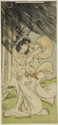 The Actor Yamashita Kinsaku II as a Thunder Goddess in the Play Onna Narukami, Performed at the Morita Theater in the First Month, 1770 by Katsukawa Shunsho (勝川 春章), print, 1765-1775