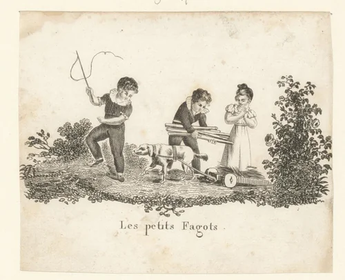 Drie kinderen leggen houdt op een hondenkar by anonymous, print, 1800-1899