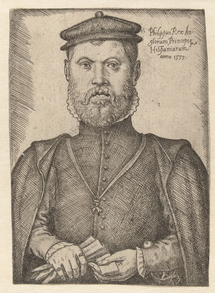 Portret van Philips II by Jan Cornelisz Vermeyen, print, 1555