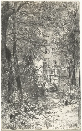 Landscape with a Washerwoman by Adolph Menzel, drawing, 1885-1895
