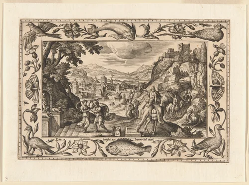 Rebecca and Eliezer at the Well, from Landscapes with Old and New Testament Scenes and Hunting Scenes by Adriaen Collaert, print, 1584