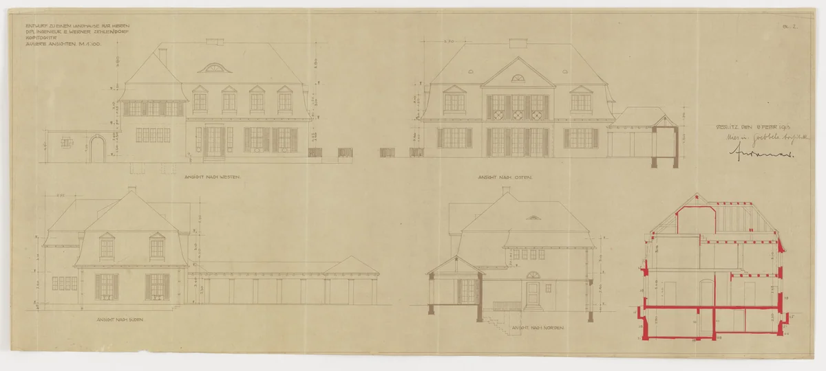 Werner House, Berlin-Zehlendorf, Germany, Four elevations by Ludwig Mies van der Rohe, mies van der rohe archive, 1913