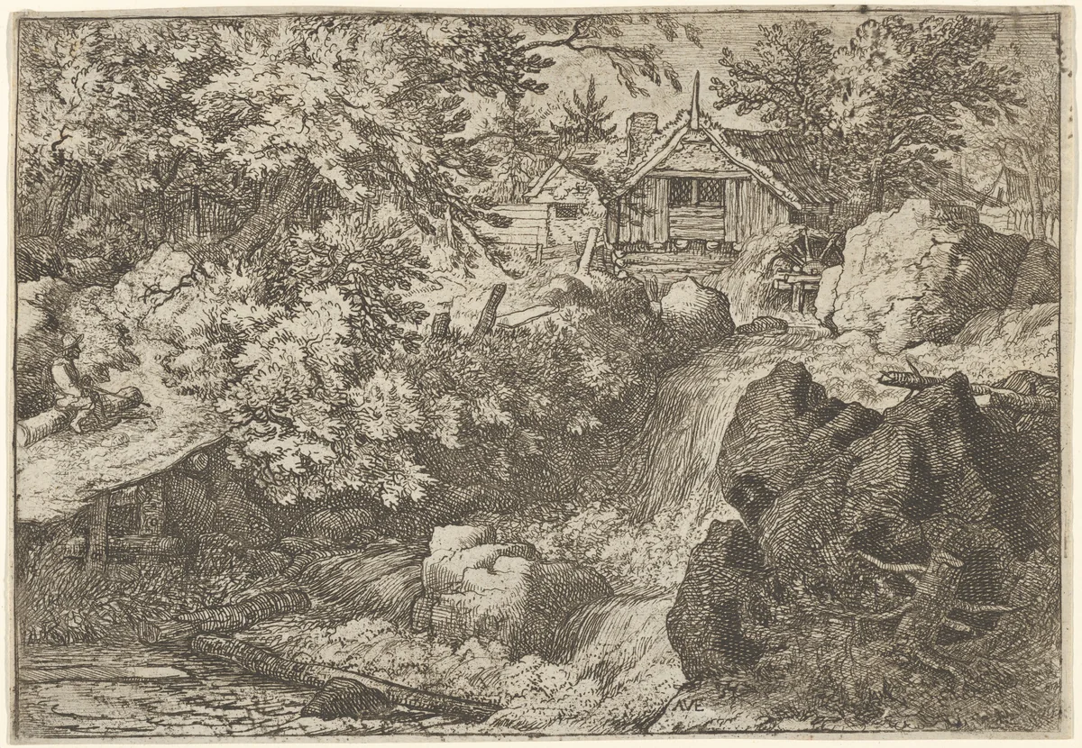 The Cascade Near the Watermill by Allart van Everdingen, print, 1621-1675