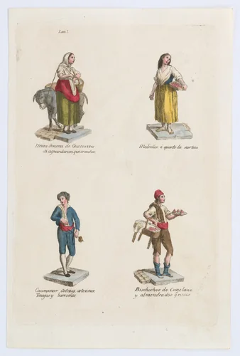 Plate 7: four street vendors from Madrid selling eggs(?), straweberries, containers, cinamon/almond flavored sweets, from 'Los Gritos de Madrid' (The Cries of Madrid) by Miguel Gamborino, print, 1809-1817
