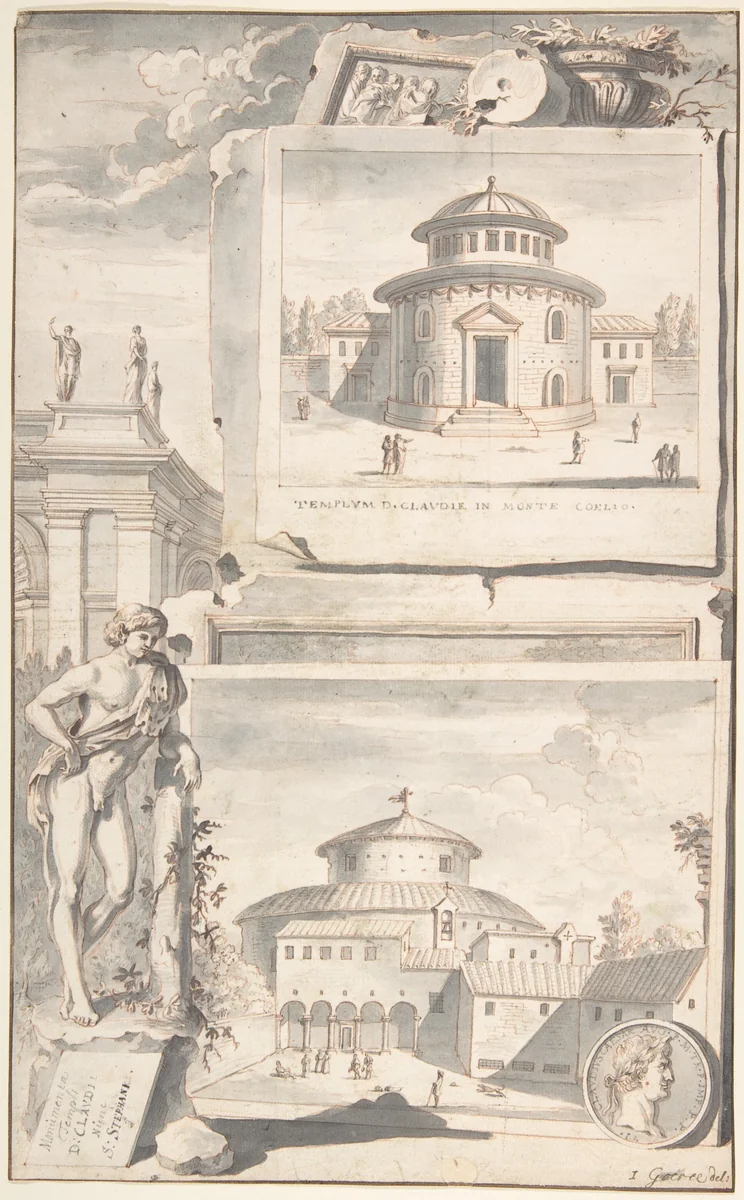 A Reconstruction of the Temple of Divus Claudius in Monte Coelio (above) and a View of the Ruins (below) by Jan Goeree, drawing, 1690-1704