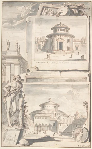 A Reconstruction of the Temple of Divus Claudius in Monte Coelio (above) and a View of the Ruins (below) by Jan Goeree, drawing, 1690-1704