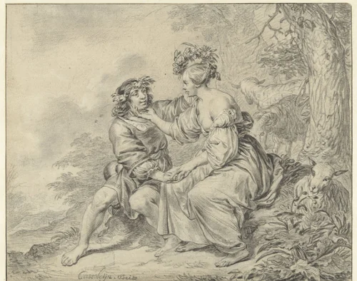 Shepherd and Shepherdess Seated in a Landscape by Casper Casteleyn, drawing, 1655