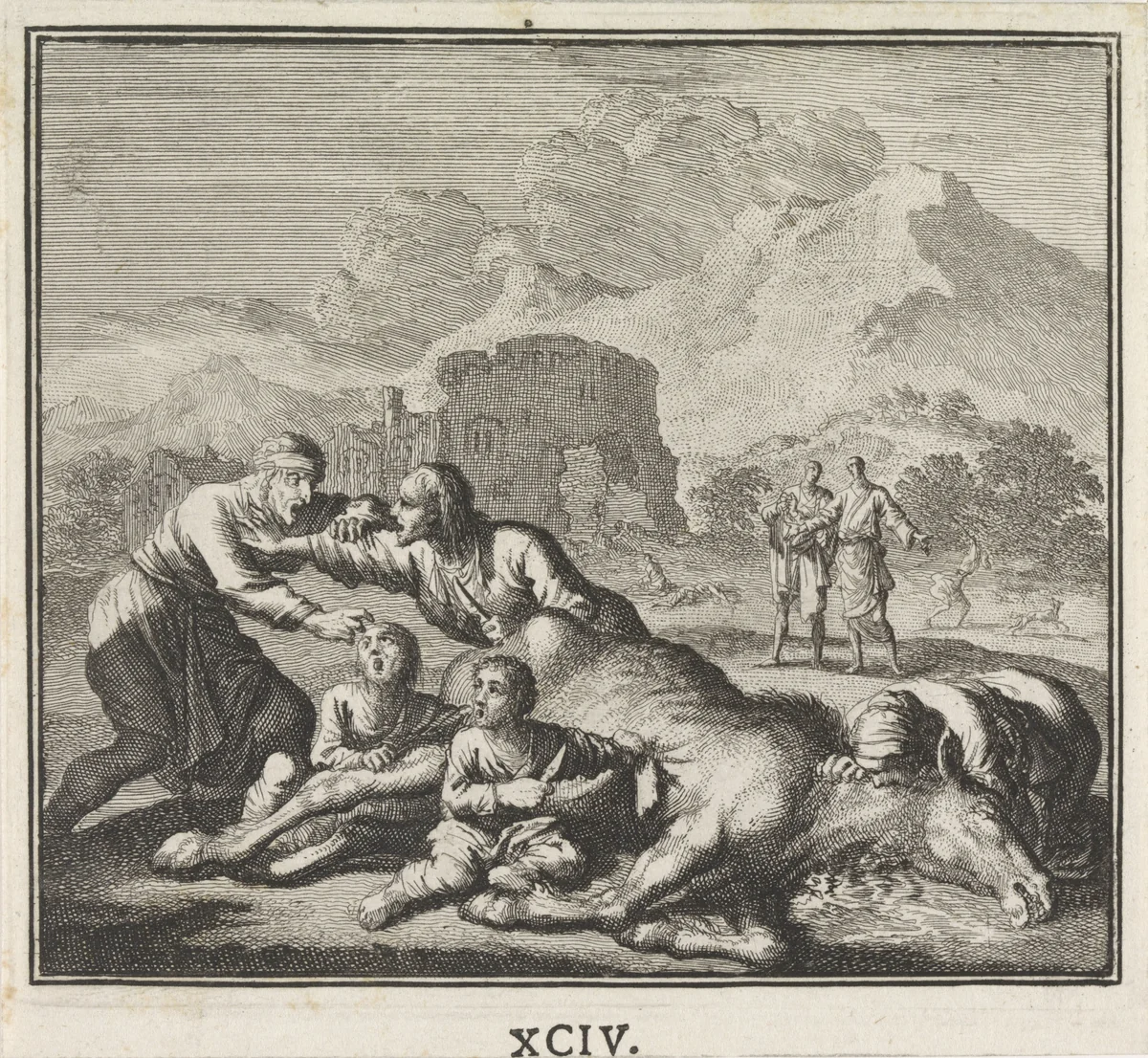 Embleem: hongersnood by Jan Luyken, print, 1695-1705